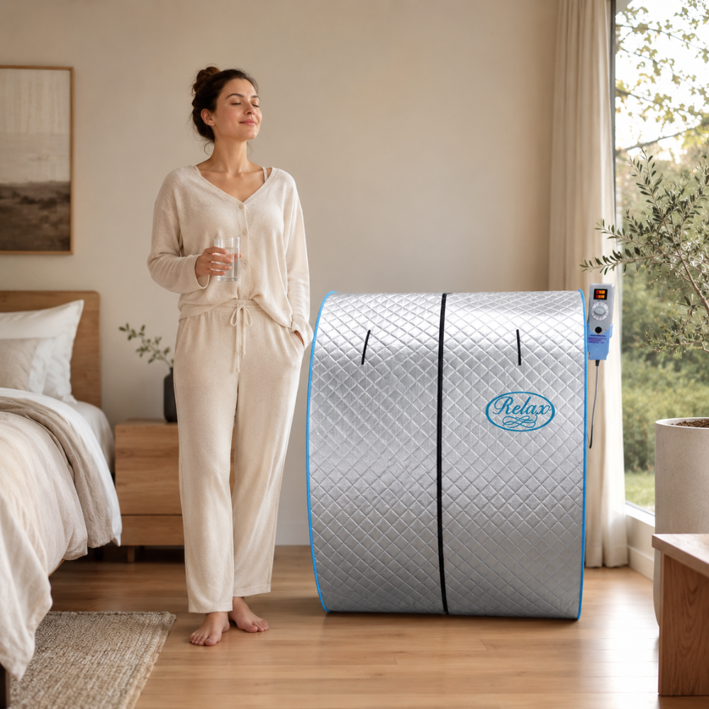 A woman in a cream pajama set stands beside a Relax Silver Elite Far Infrared Sauna with reflective silver exterior, portable seated design, patented infrared heating technology, and compact home wellness setup in a bright bedroom. The tent has a visible Relax Sauna logo and a small control panel on the side.