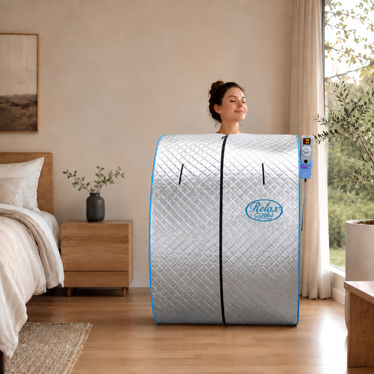 A woman stands inside a Relax Silver Elite Far Infrared Sauna with reflective silver exterior, portable seated design, patented infrared heating technology, and compact home wellness setup in a modern bedroom setting. The tent features a black center zipper, a grey control panel on the side, and a visible 'Relax' logo.