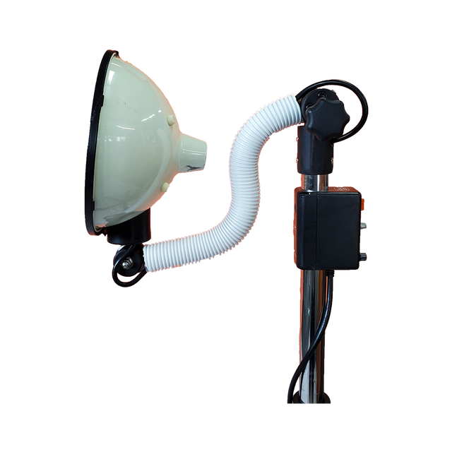 A flexible gooseneck lamp with a white dome-shaped shade, white corrugated hose, and black mounting hardware on a silver pole, isolated on a white background.