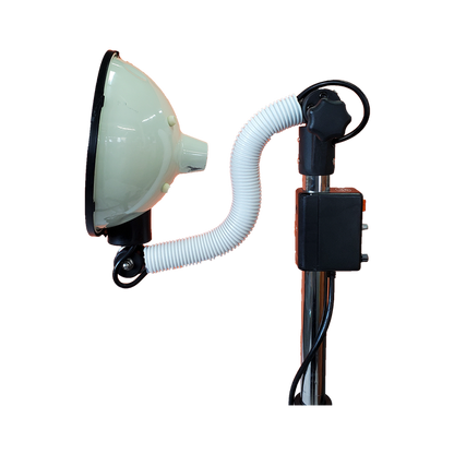 A flexible gooseneck lamp with a white dome-shaped shade, white corrugated hose, and black mounting hardware on a silver pole, isolated on a white background.