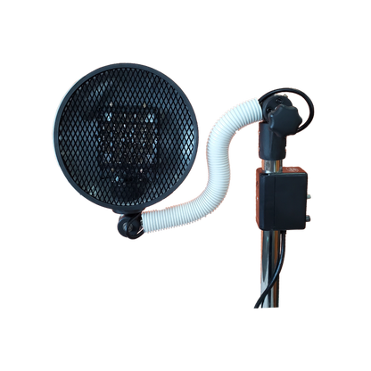 A black mesh fan or heat diffuser attachment with a flexible white corrugated hose connected to a black control box and metal stand, isolated on a white background.