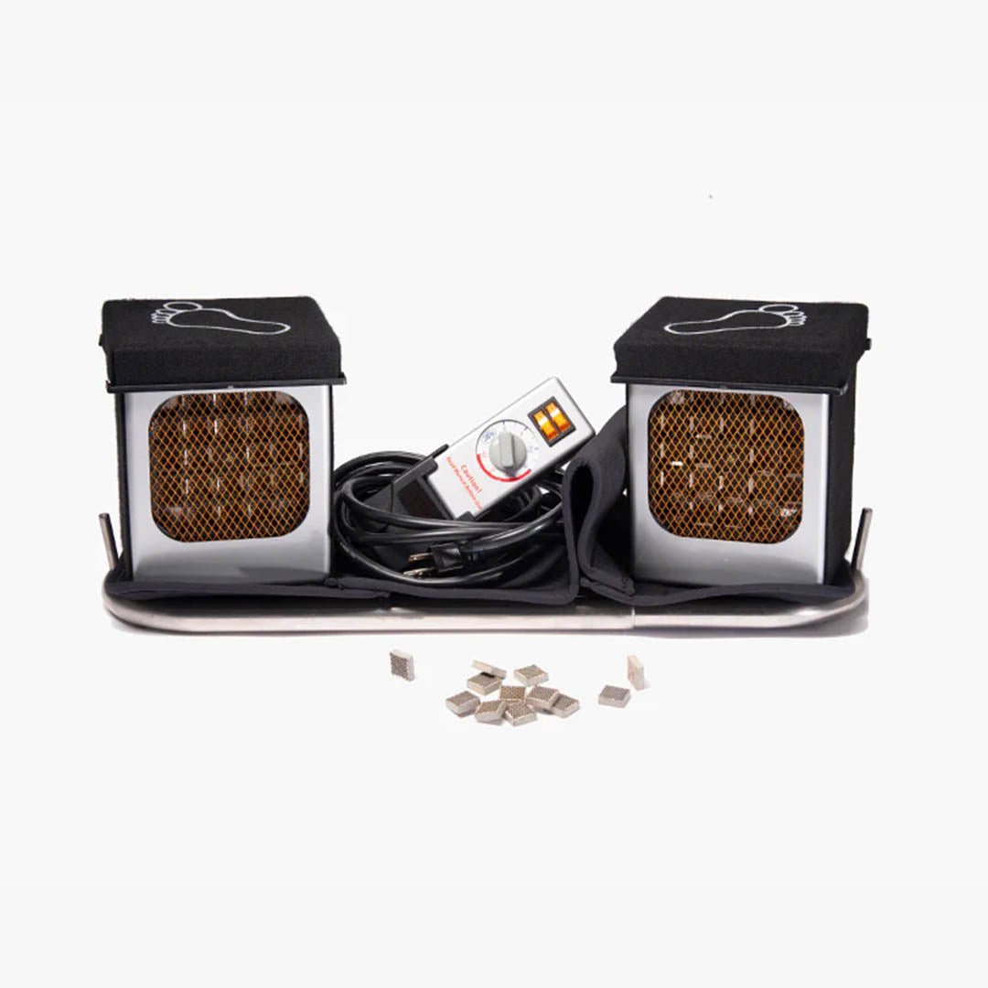 Two black-and-silver infrared heating units, a central control unit, a black cable, and several small silver ceramic heating elements on a white background.