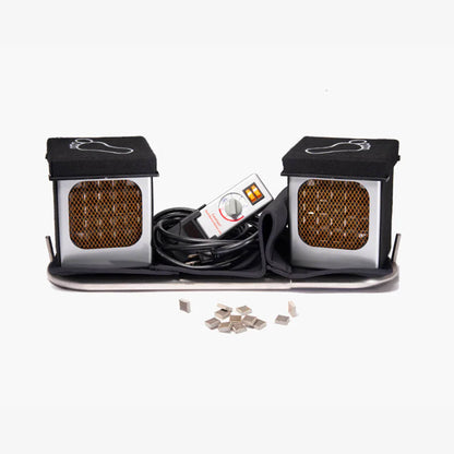 Two black-and-silver infrared heating units, a central control unit, a black cable, and several small silver ceramic heating elements on a white background.