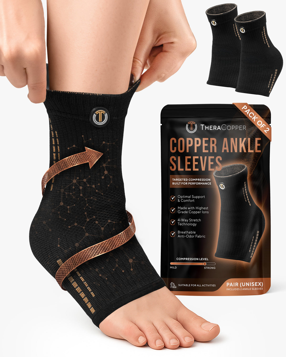 TheraCopper Copper Compression Ankle Brace Sleeves (2 Pack)