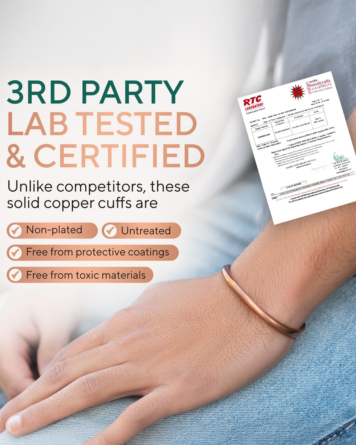 Hand wearing a copper cuff with certification document and text about third-party lab testing. Blu Onyx