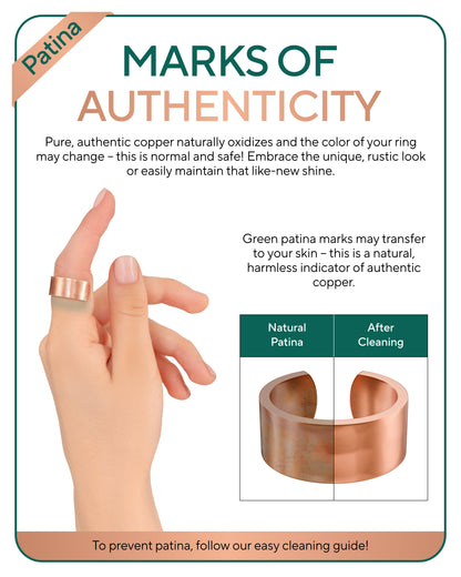 Informational graphic about patina on copper jewelry with a hand wearing a ring and a comparison chart.