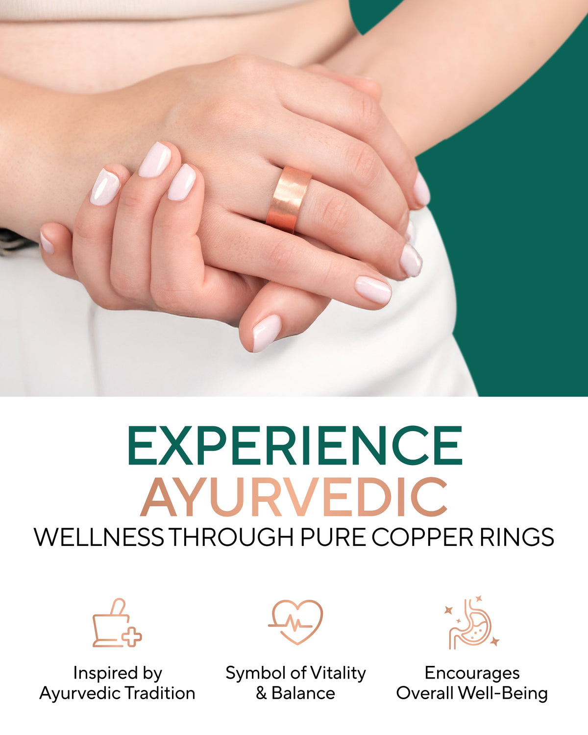 Two hands holding a copper ring with text about Ayurvedic wellness and copper rings. Blu Onyx