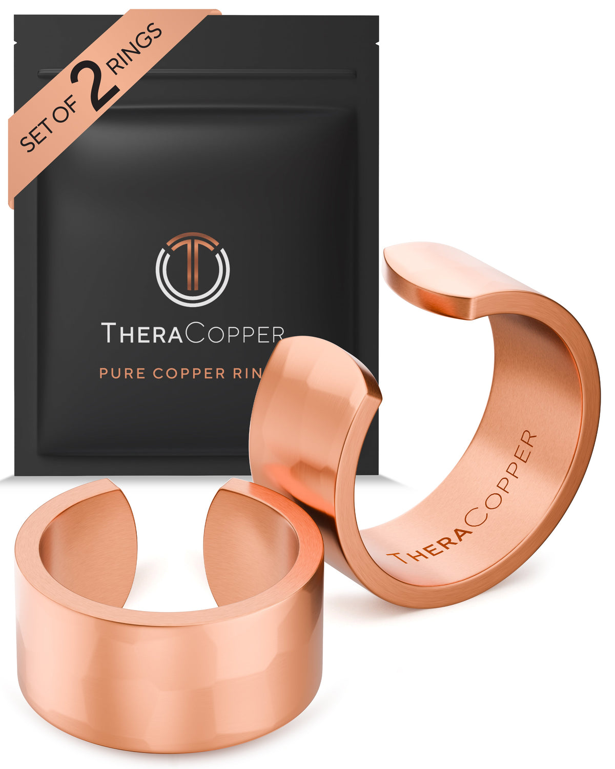 Two copper rings with 'TheraCopper' branding next to a branded packaging sleeve . Blu Onyx