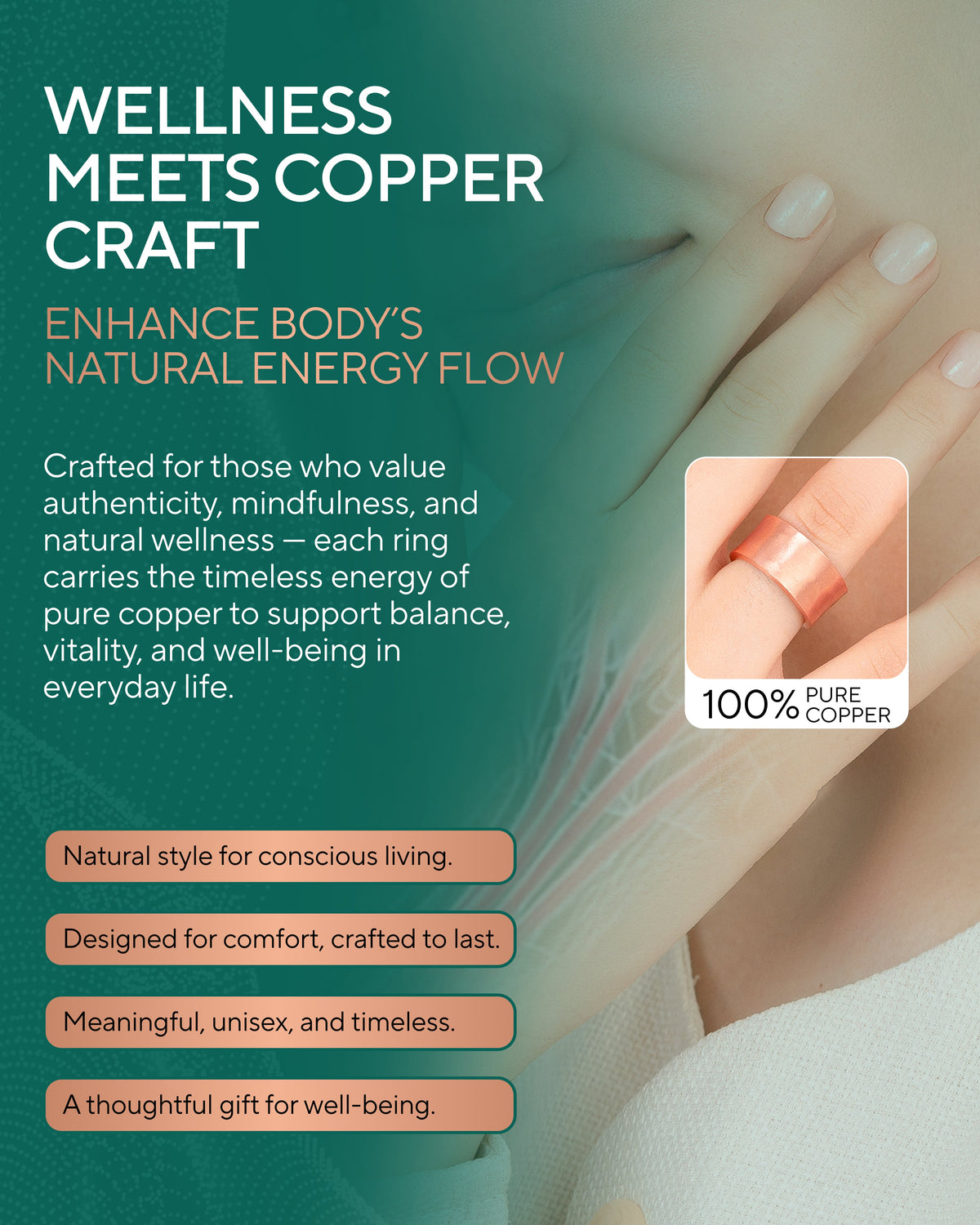 Advertisement for copper rings with text about wellness and energy flow. Blu Onyx