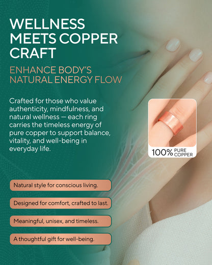 Advertisement for copper rings with text about wellness and energy flow. Blu Onyx
