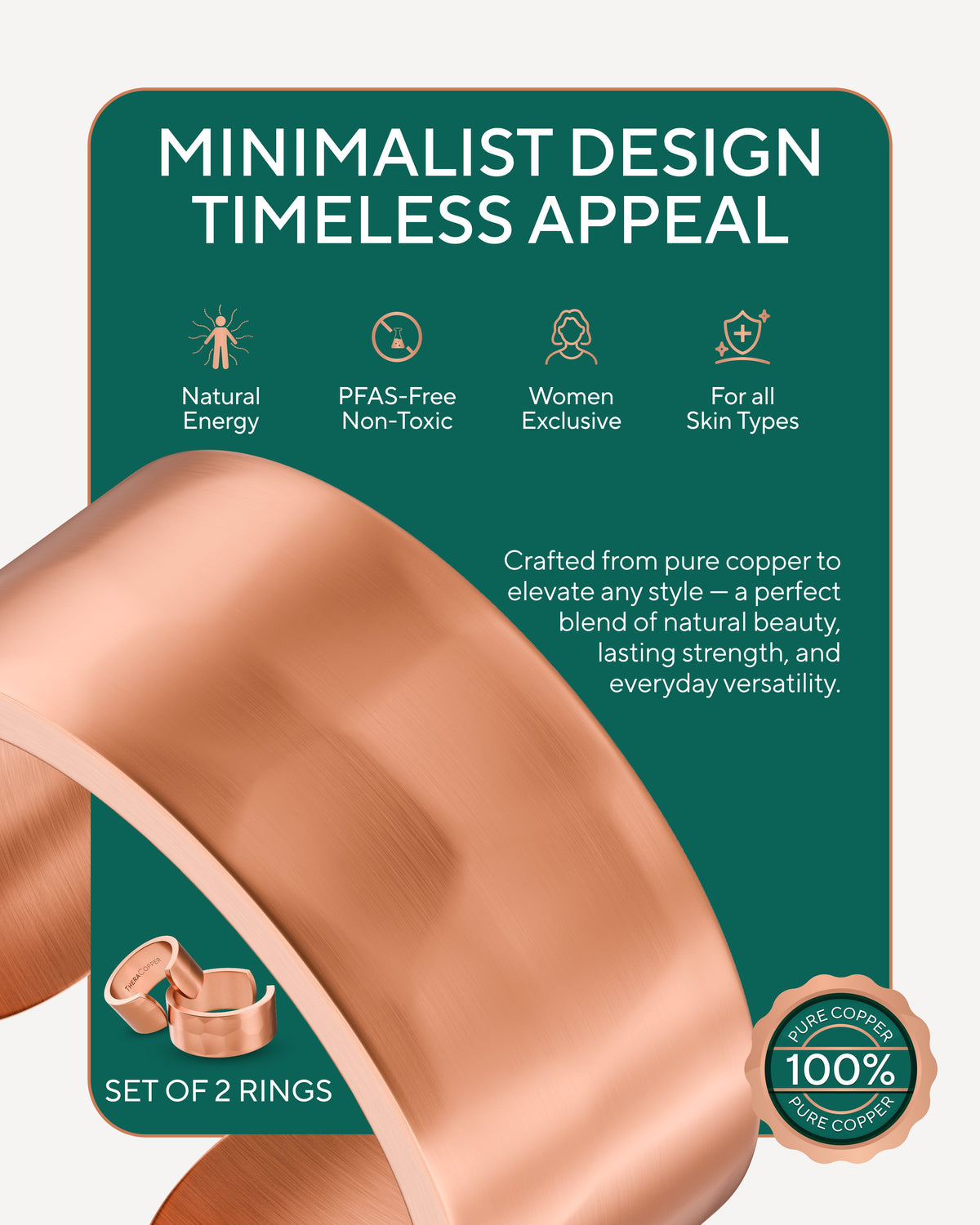 Copper ring set with a green label highlighting features Blu Onyx