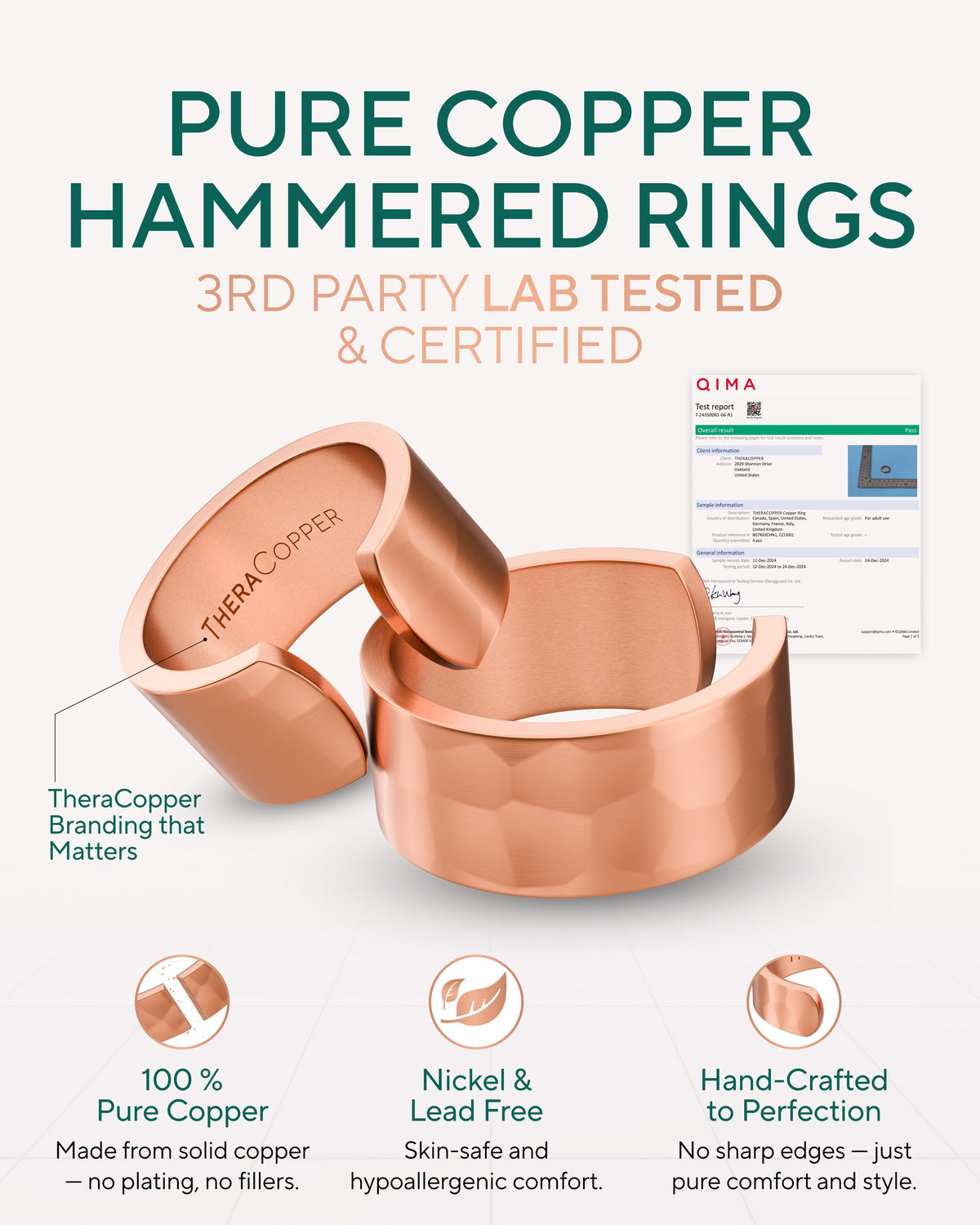 Two copper rings with 'TheraCopper' branding on a white background, featuring product details and certification. Blu Onyx