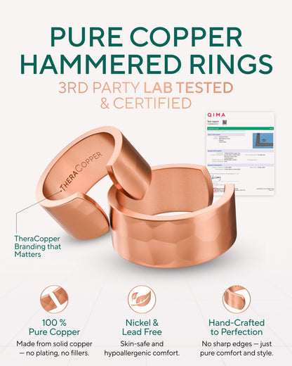 Two copper rings with 'TheraCopper' branding on a white background, featuring product details and certification. Blu Onyx