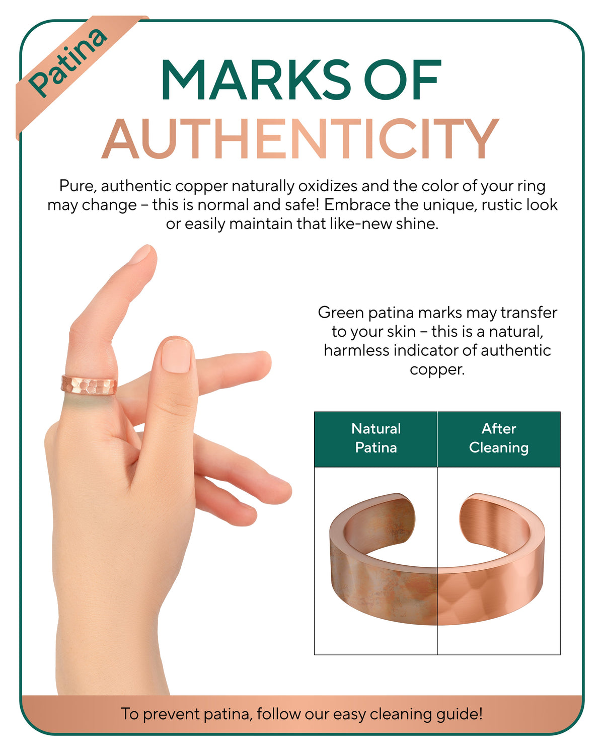 Copper ring with hand wearing it, explaining patina and cleaning guide. Blu Onyx