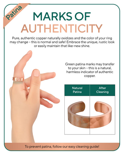 Copper ring with hand wearing it, explaining patina and cleaning guide. Blu Onyx