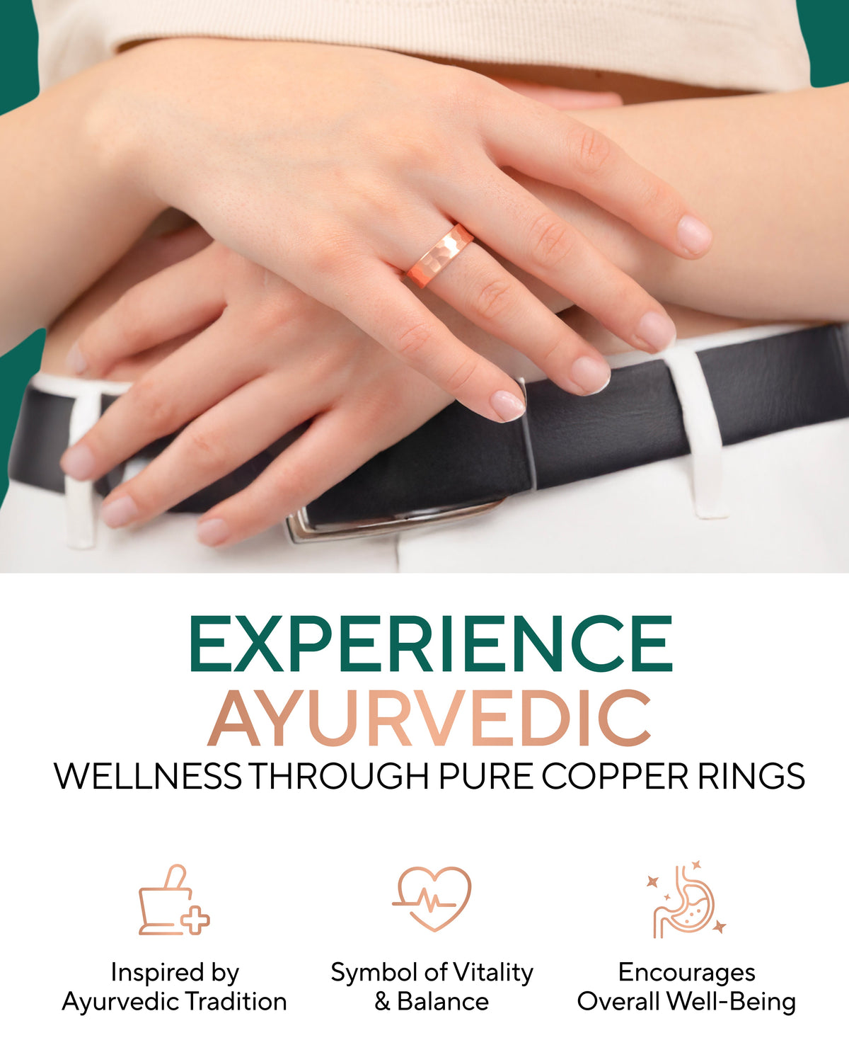 Copper ring on a hand with text about Ayurvedic wellness and copper's benefits. Blu Onyx
