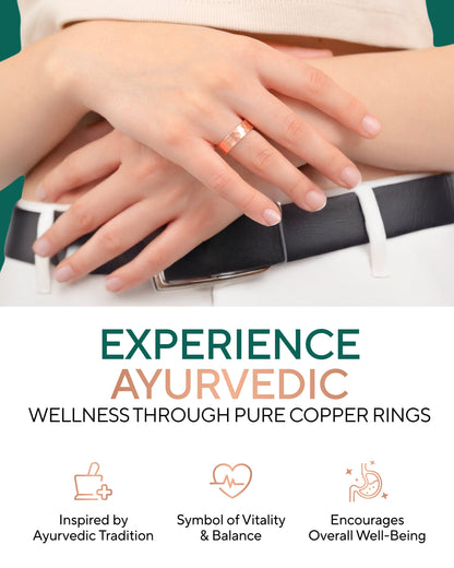 Copper ring on a hand with text about Ayurvedic wellness and copper's benefits. Blu Onyx