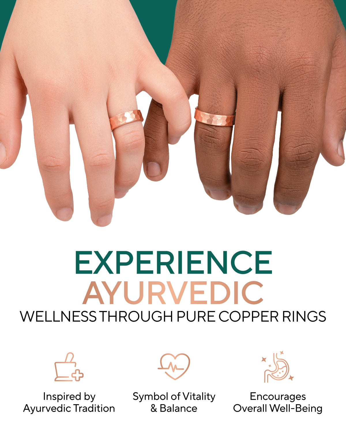 Two hands wearing copper rings with promotional text about Ayurvedic wellness. Blu Onyx