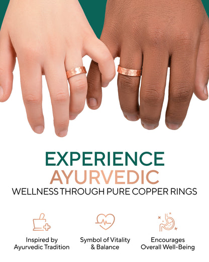 Two hands wearing copper rings with promotional text about Ayurvedic wellness. Blu Onyx