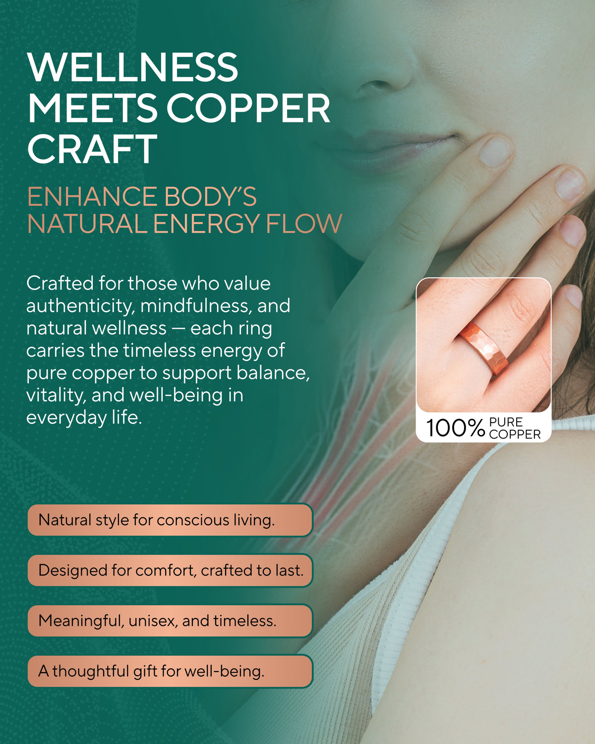 Advertisement for copper rings with text about wellness and energy flow. Blu Onyx