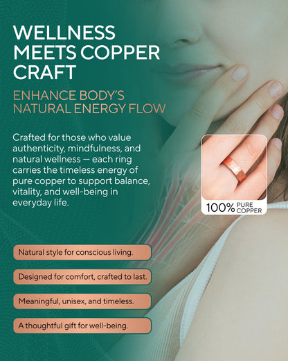 Advertisement for copper rings with text about wellness and energy flow. Blu Onyx