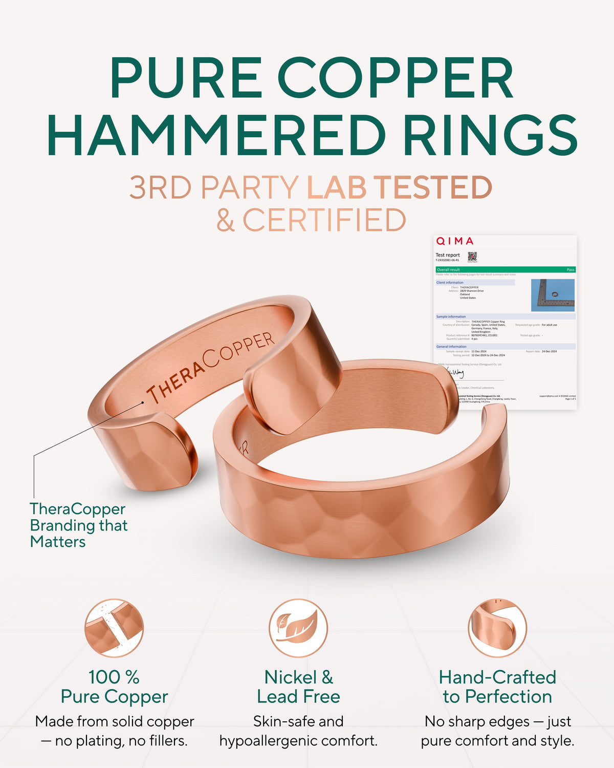 Pure copper hammered rings with TheraCopper branding and certification Blu Onyx