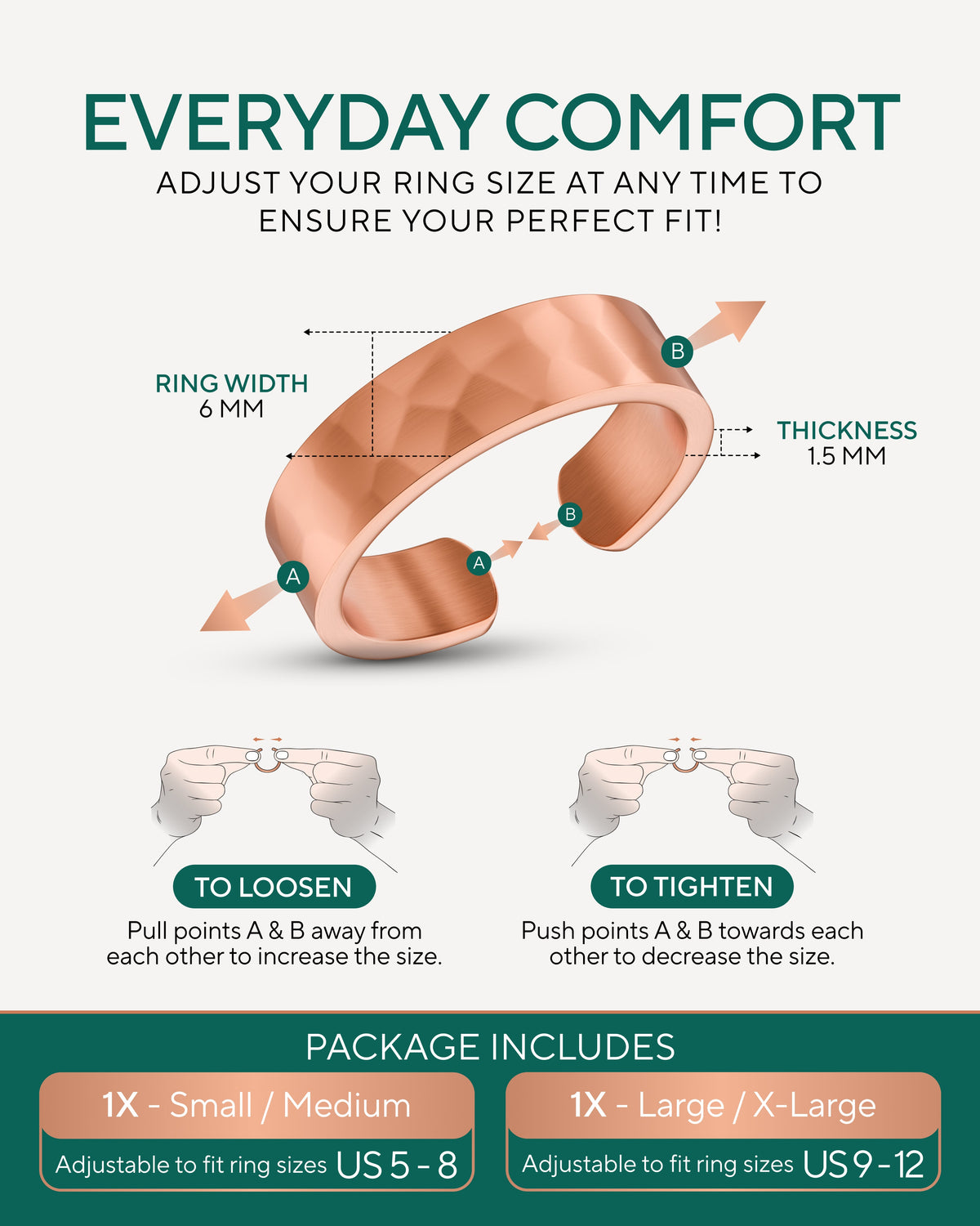 Ring with adjustable design for comfort and size adjustment, featuring measurements and instructions on a green background. Blu Onyx