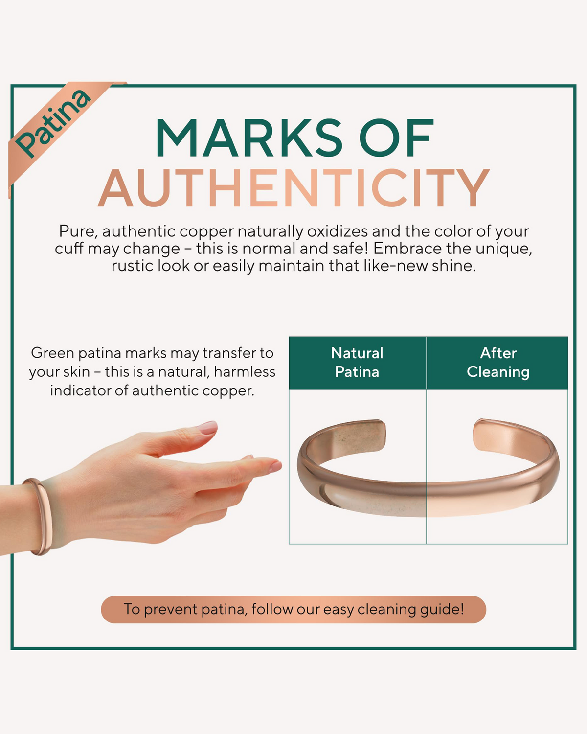Copper bracelet with text on marks of authenticity and patina. Blu Onyx