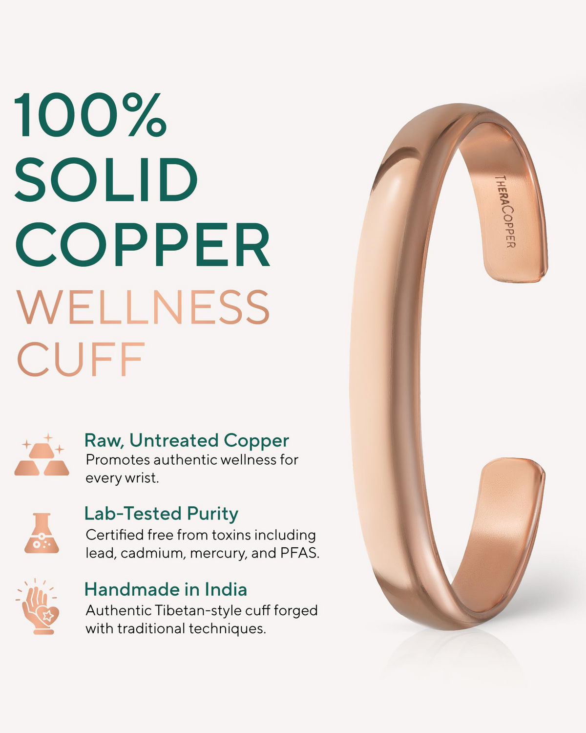 Copper wellness cuff with text highlighting features Blu Onyx