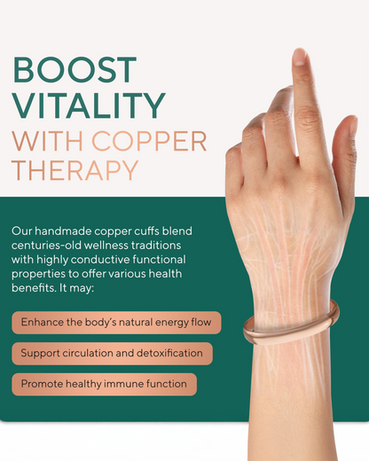 Hand wearing a copper plain cuff with text about copper therapy benefits Blu Onyx