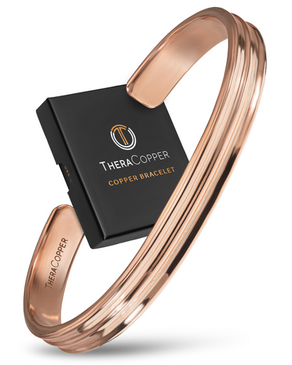 Copper ridged bracelet with TheraCopper packaging  Blu Onyx