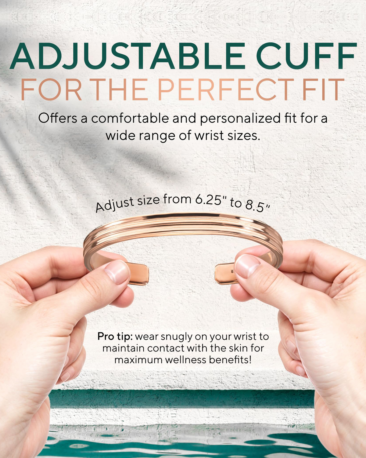Adjustable cuff being held by hands with text about its adjustable size range and benefits. Blu Onyx