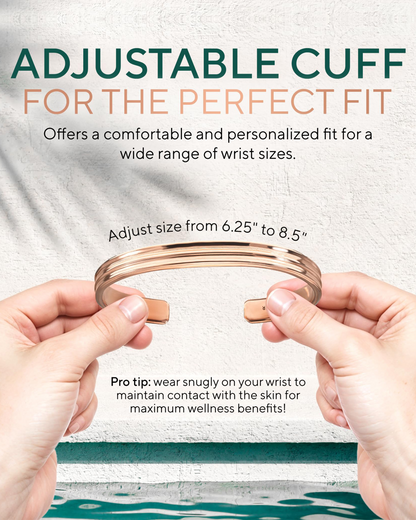 Adjustable cuff being held by hands with text about its adjustable size range and benefits. Blu Onyx
