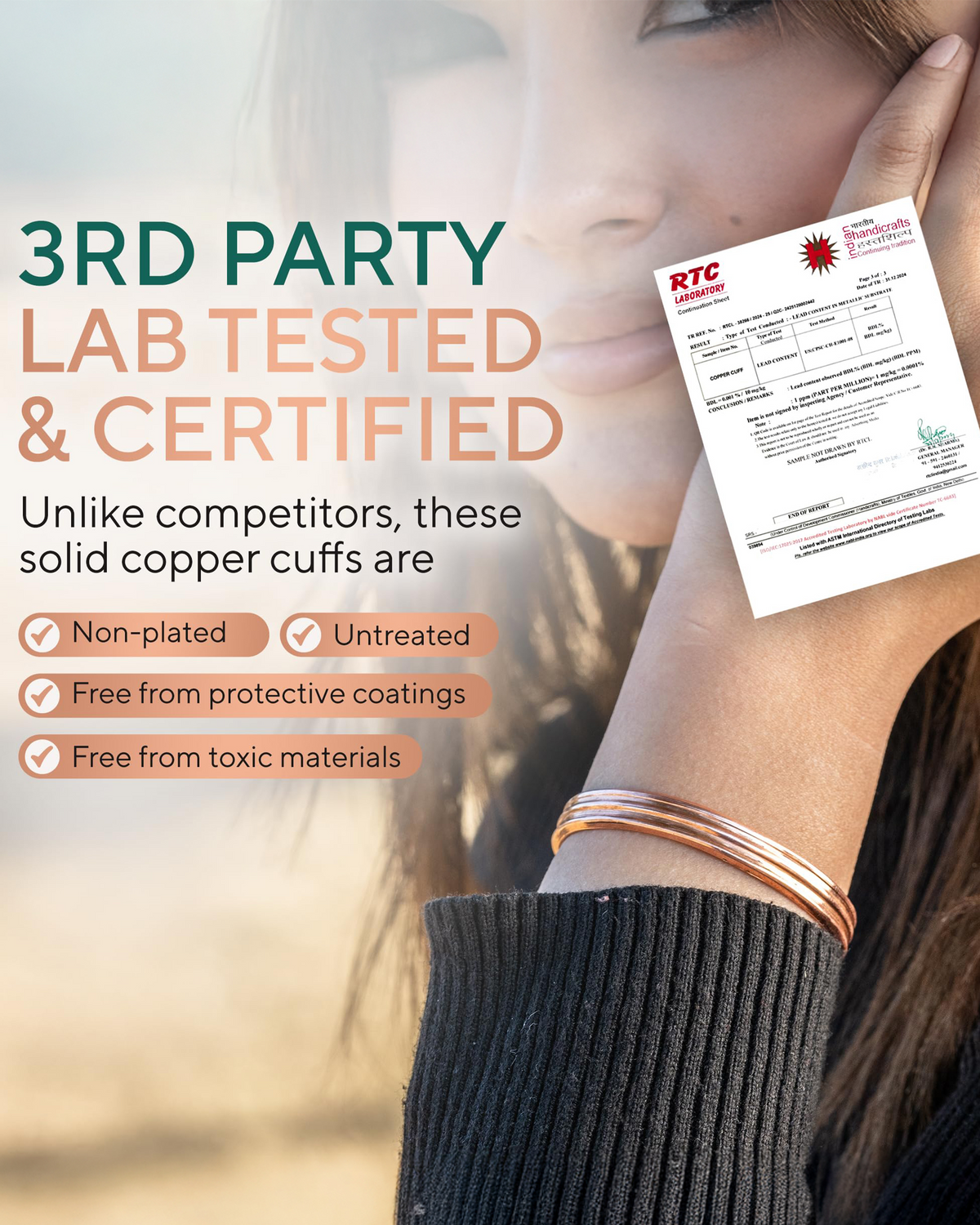 Person wearing solid copper cuffs with a certification card displayed, emphasizing third-party testing. Blu Onyx
