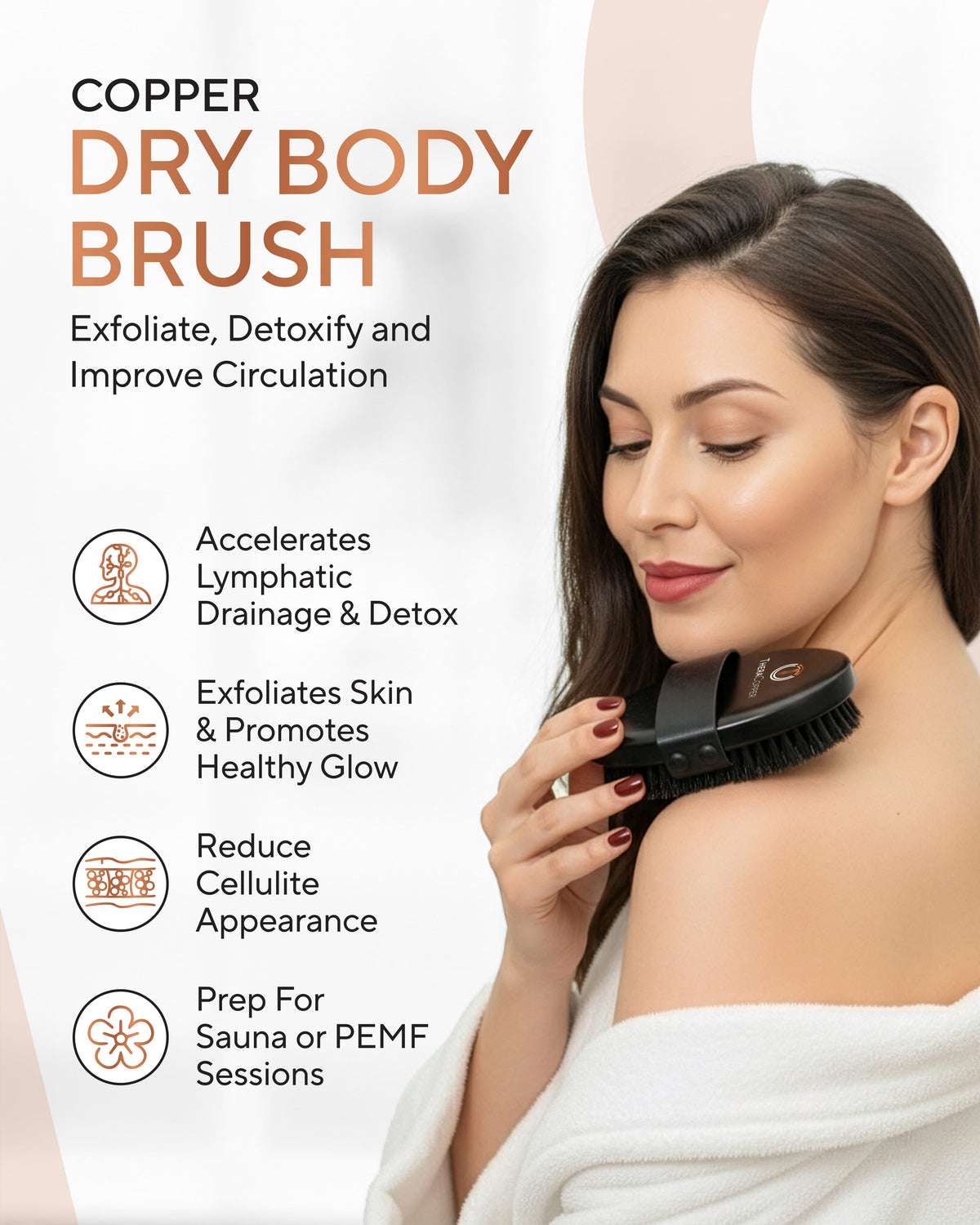 Woman using a copper dry body brush with text highlighting benefits  Blu Onyx