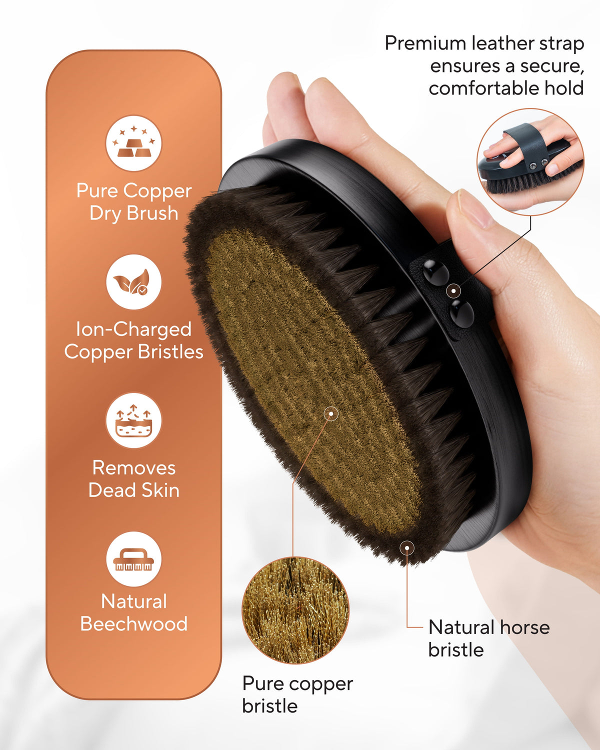Dry brush with copper bristles held by a hand, featuring text on its benefits. TheraCopper Dry Body Brush displayed as part of a premium self-care and wellness routine.
