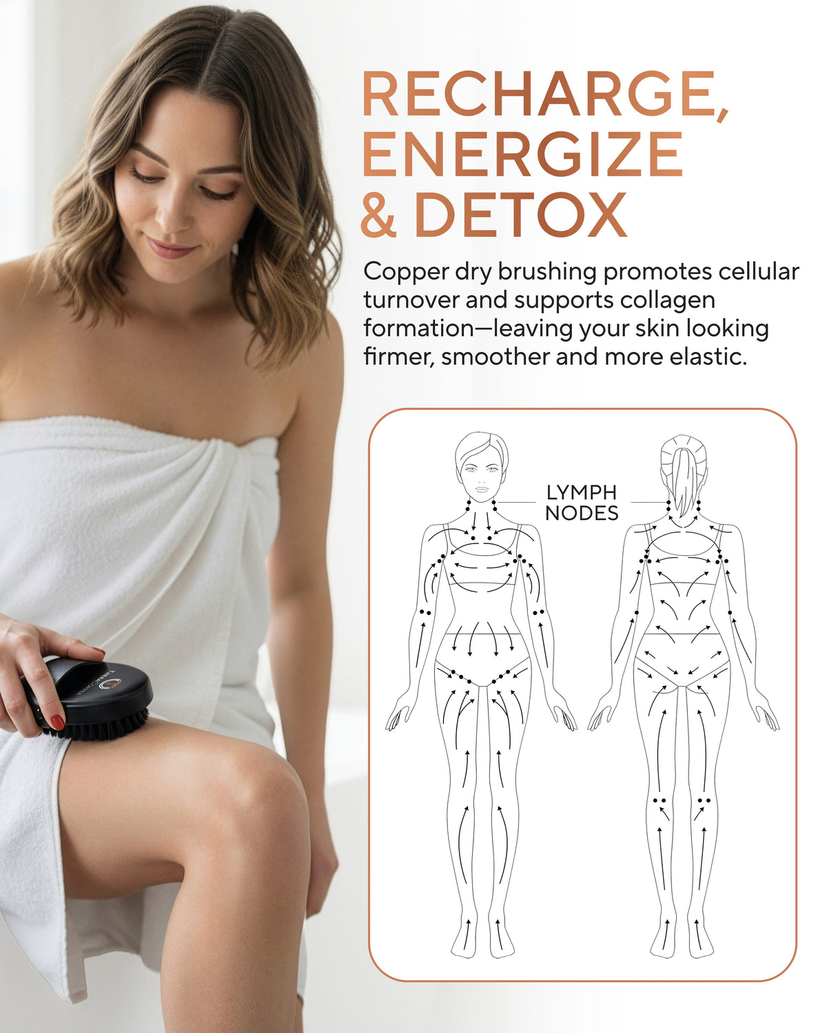 Woman using a dry brush with text about copper dry brushing benefits  Blu Onyx