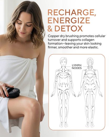 Woman using a dry brush with text about copper dry brushing benefits  Blu Onyx