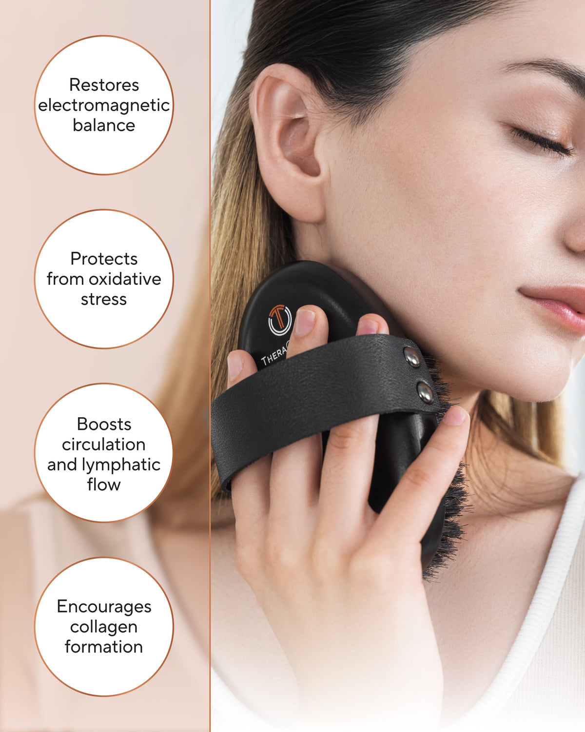 TheraCopper Dry Body Brush designed for dry brushing, exfoliation, and daily body care rituals. Blu Onyx