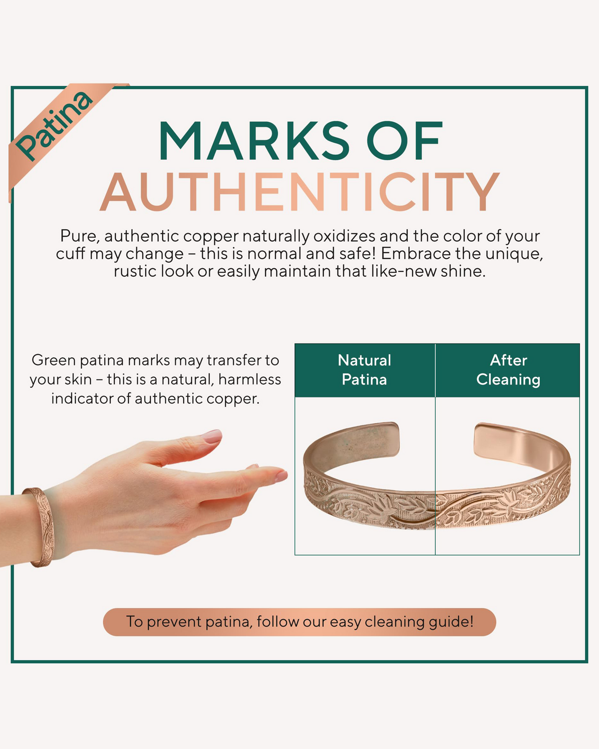 Copper bracelet with text on marks of authenticity and patina. Blu Onyx