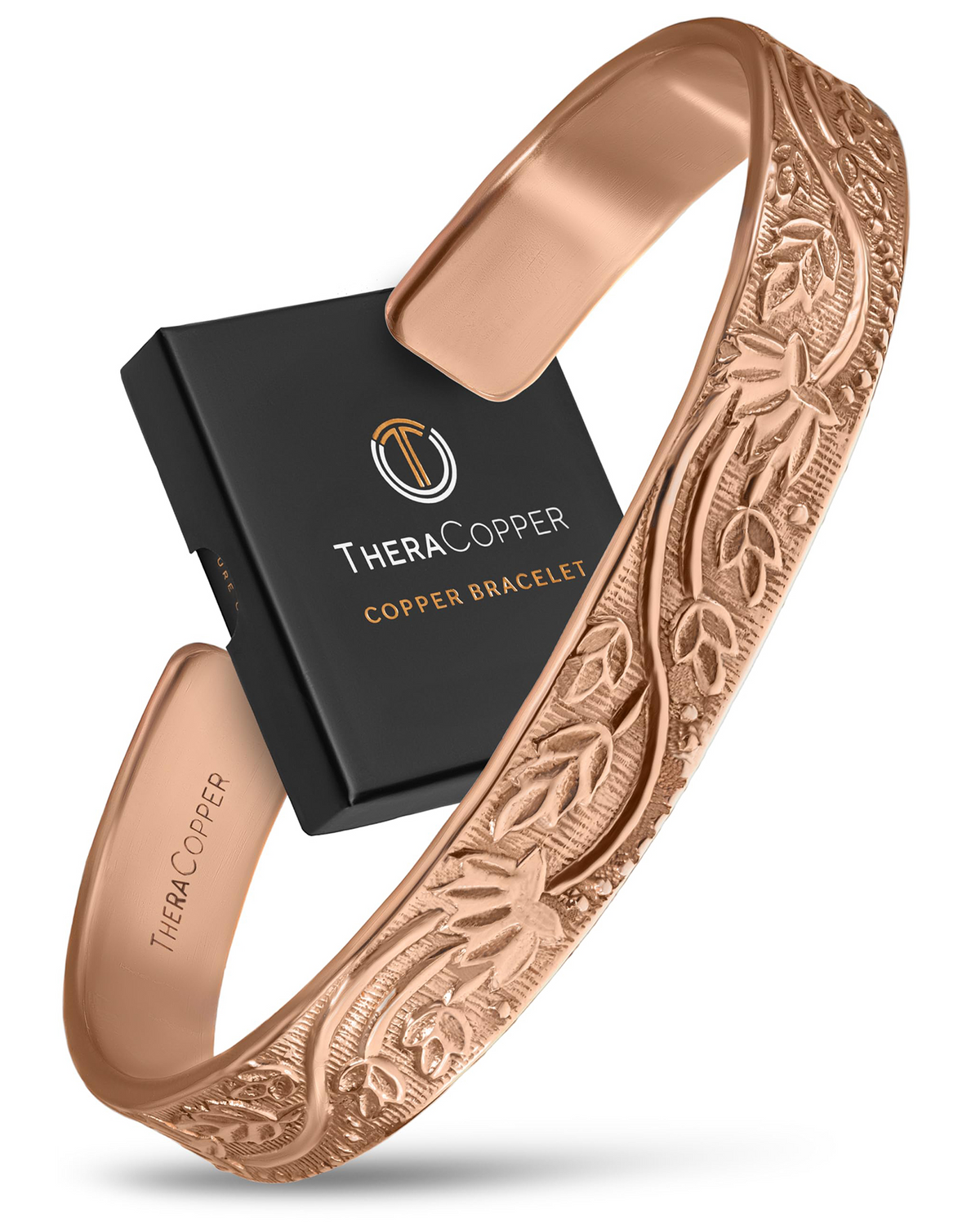 TheraCopper Pure Copper Floral Bracelet handcrafted from 100% solid copper featuring an elegant hand-etched floral pattern and adjustable open-cuff design.