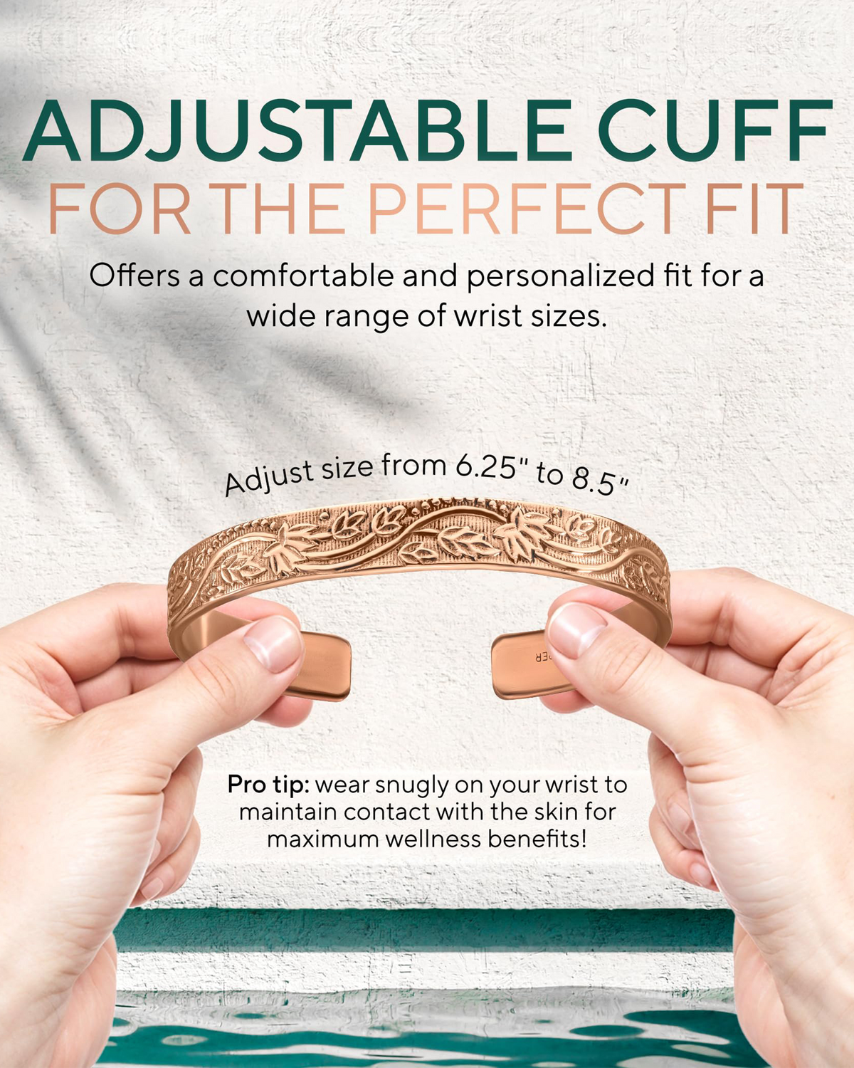 Adjustable copper cuff with text about fit Blu Onyx
