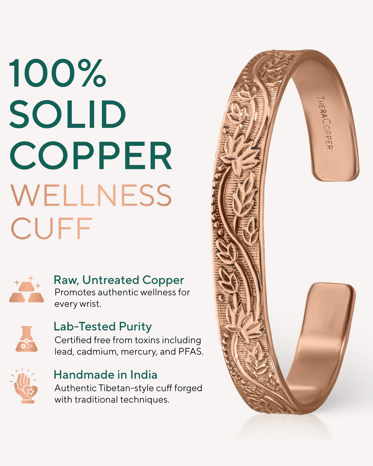 Copper wellness cuff with floral design  featuring text about its properties. Blu Onyx