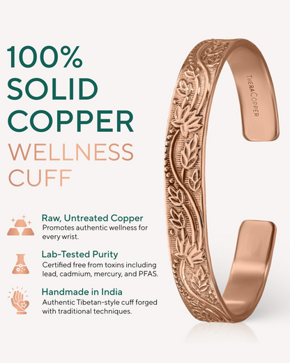 Copper wellness cuff with floral design  featuring text about its properties. Blu Onyx