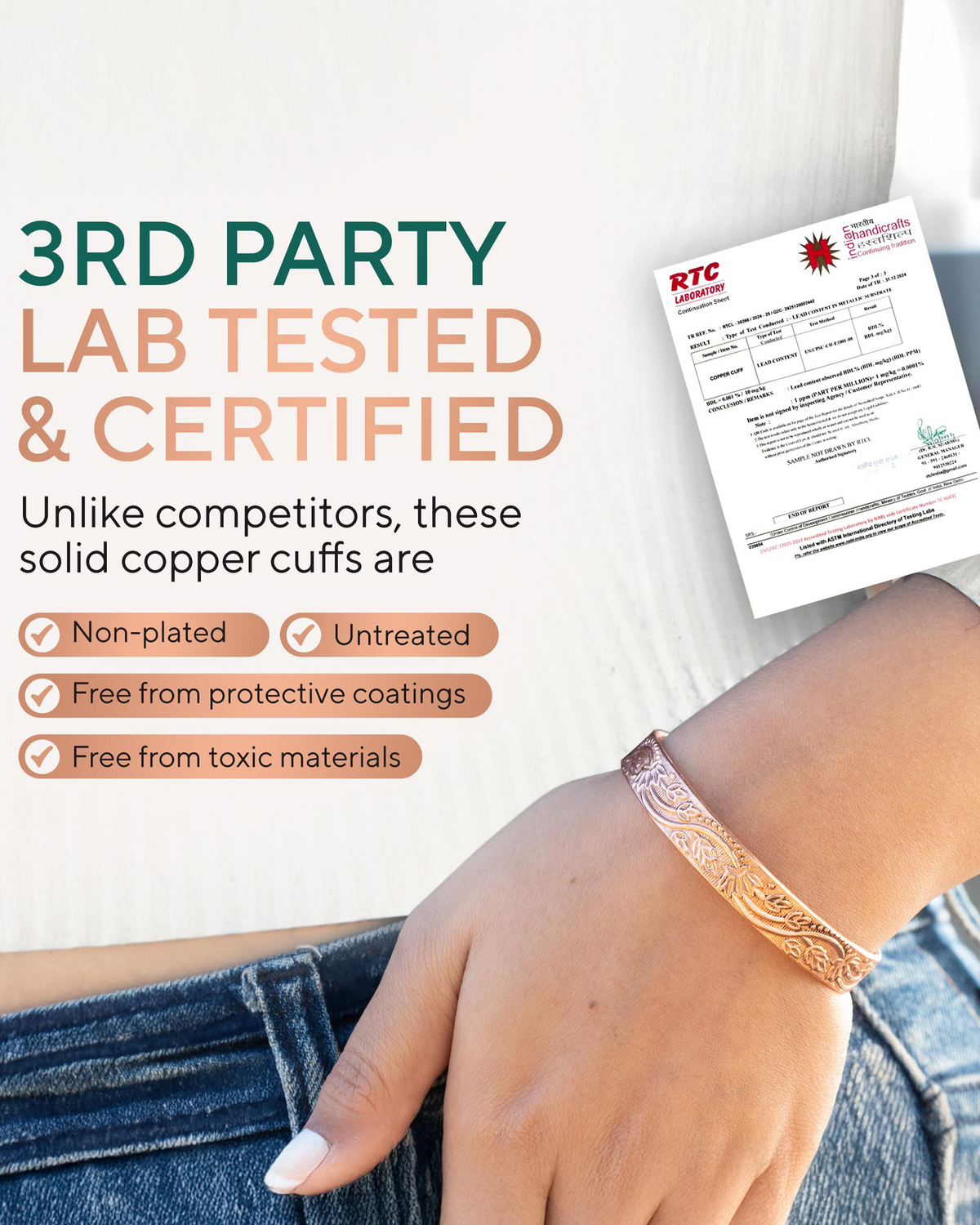 Solid copper cuff on a wrist with certification document and text about third-party testing. Blu Onyx