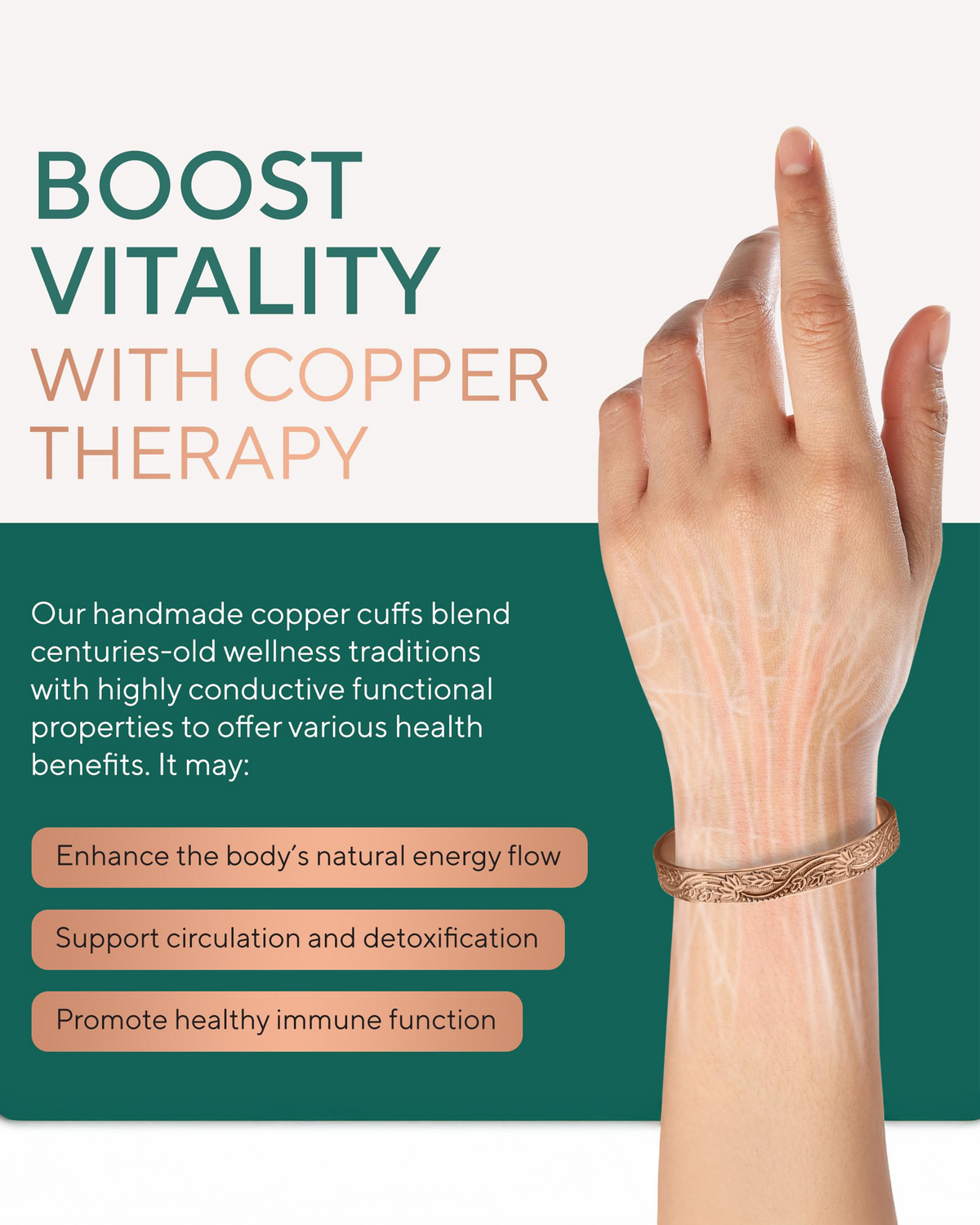 Hand wearing a copper cuff with text about copper therapy benefits Blu Onyx