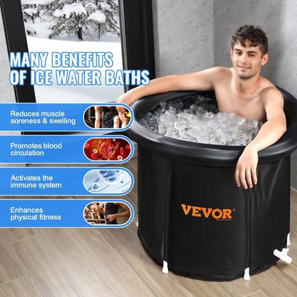 Person in an ice bath with VEVOR branding, benefits listed on screen