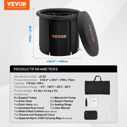 Black container with VEVOR branding and product parameters on a white background