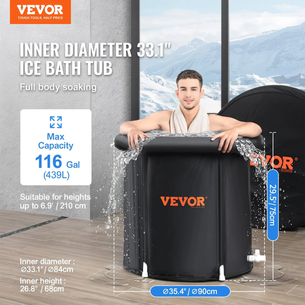 A VEVOR Cold Plunge tub with water splashing over it, shown with a man leaning on it in a room with a window view of snowy mountains. The image includes text showing the tub's 33.