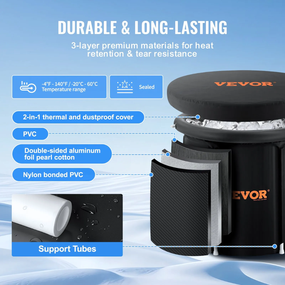 Vevor insulated container with features highlighted on a blue background